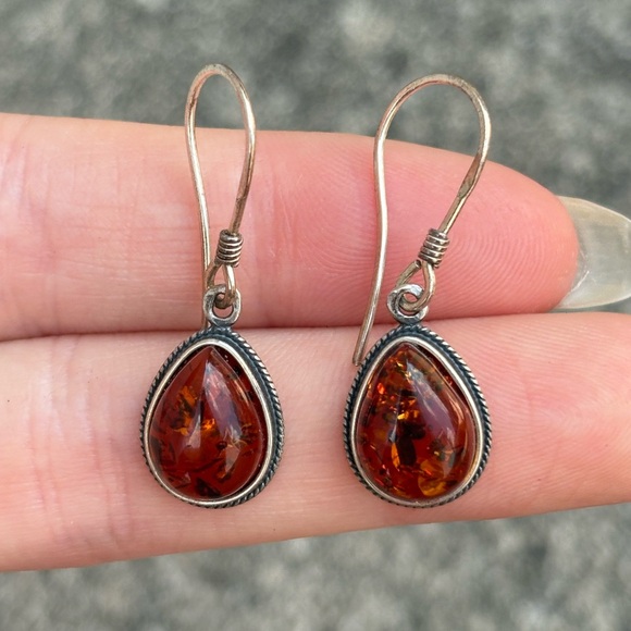 Vintage Sterling Silver Baltic Amber Teardrop Earrings - Picture 1 of 4
